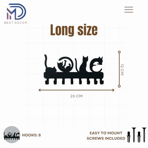 Image of Meet DECOR Metal Love Spelled Cat Design Key Holder with 8 Hooks | Decorative Wall Mounted Key Rack Organizer | Stylish Cat Lover Gift | Key Hanger for Entryway, Hallway, Kitchen, Office