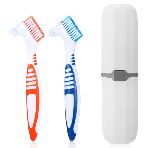 LXUEJIE 2Pcs Denture Brushes, Denture Cleaning Brush Set with White Carrying Case Dentures Toothbrushes with Multi-Layered Soft Bristles and Rubber Anti-Slip Handle(Blue + Orange)