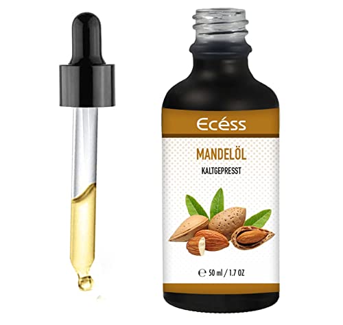 Ecéss - Kaltgepresst Mandelöl süß - Ideal zur Haut und Haarpflege. 100% Rein Vegan- 50ml Lichtschutz Glas-Pipettenfläschchen Cover