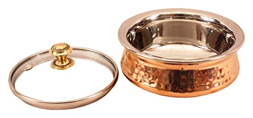 INDIAN ART VILLA Hammered Steel Copper Handi Bowl with Glass Lid, Serveware & Tableware, Volume - 350 ML