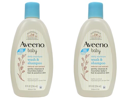 Aveeno Baby Daily Moisture Wash & Shampoo - Natural Oat Extract, Lightly Scented, Hypoallergenic & Tear-Free - 8 fl oz (Pack of 2)