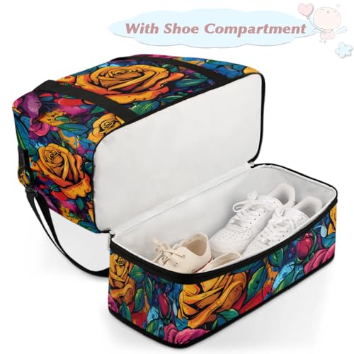 Graceful Rose Flower Printing Travel Duffle Bag, Collapsible Travel Bag Sports Gym Bag With Shoes Compartment Weekender Bag Overnight Bag For Women Men4
