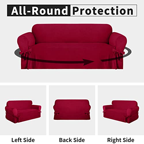 Image of Easy-Going Velvet Couch Covers for 3 Cushion Couch Sofa, Luxury Velvet Sofa Cover with Ties, One Piece Sofa Slipcover for Living Room (Red, Sofa)