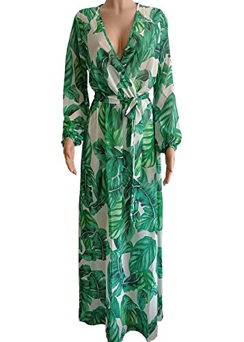 lvenzse Vestido largo de gasa con cuello en V para mujer, estilo bohemio, estampado floral, A-manga larga-verde, M