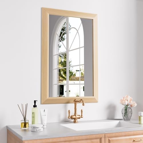 Amorho 20X30 Inch Bathroom Mirror for Wall, Oak Wood Grain Metal Framed Mirror, Anti-Rust, Hang Horizontally/Vertically, Suitable for Bedroom, Farmhouse, Bathroom, Decorative