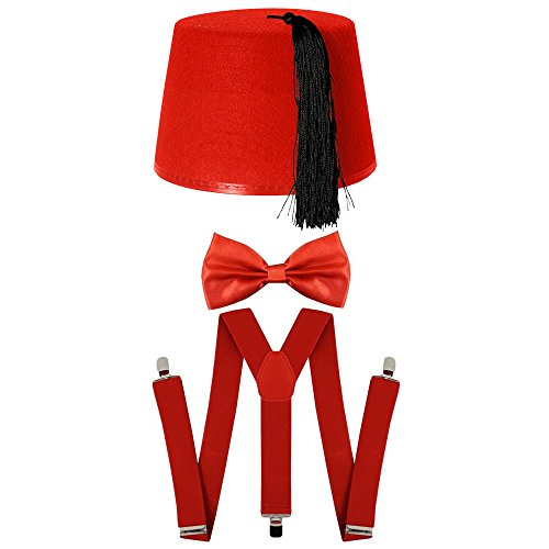 Kostümset roter Fez + Fliege + Hosenträger, Cosplay, Raum-Zeit-Reisende, Dr. Who