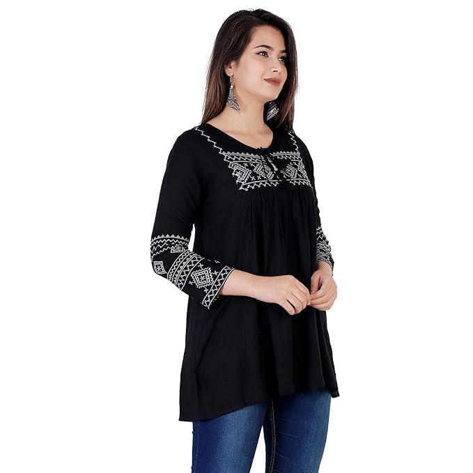 Image of Avayayat Women's Rayon Classic Heavy Embroidery Top with Beautifull Tassels at Front and on Both Sleeves Regular Fit Office Wear Festival Tunic Jeans Summer