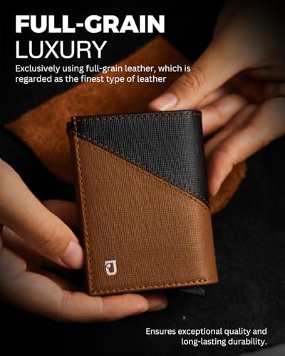 Jenoss Smart Wallet For Men: Full Grain Leather, Handcrafted, Slide Metal Pop Up Case, Slim RFID Blocking Credit Card Holder, Compact 12 Cards Slot Organizers, ID, Money Clip(Brown & Black)2