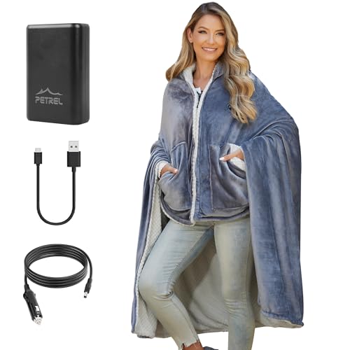 Heated Blankets Battery Operated,12v Portable Heating Blanket Wearable Shawl,Cordless Electric Wrap Poncho Blanket Hoodie,15000mah Sherpa Heated Throw Blanket 3 Heat sets for Car,Indoor,Camp