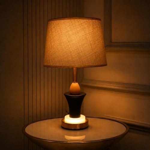 Image of ELARE Modern Decorative Table Lamp with Cotton Fabric Shade, Black & Gold Metal Body, Ambient-Lit Marble Base, LED Bulb Included, Bedside Lamp for Bedroom, Living Room & Office