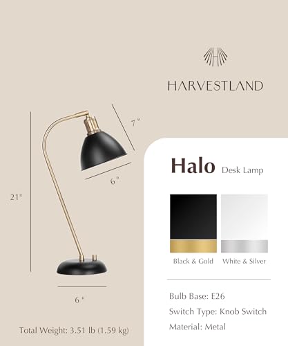 Image of HarvestLand Halo Desk Lamp, Reading Lamp for Home Office, Black | 345 adjustable desk lamp with solid metal base for bedside table, reading, and office use.