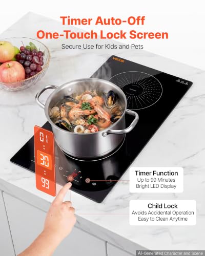 Image of VEVOR Built in Electric Stove Top,Electric Induction Cooktop 12In 2 Burners, Induction Cooktop, Touch & Independent Control, 9 Power Levels, Easy-Clean Ceramic Glass, Child Lock, 1800W, 110V US Plug