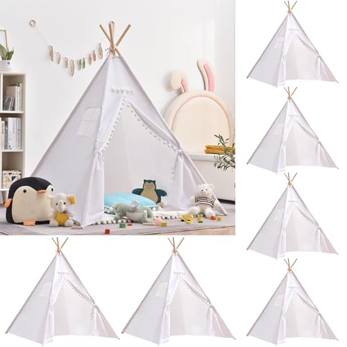 6 PCS White Kids Teepee Play Tent, Foldable Washable Tipi Tent Kids Boho Tent, Playhouse for Girls Boys Sleepovers Party Birthday Party Slumber Party for Indoor Outdoor Games