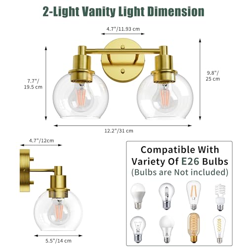 Image of 2 Light Bathroom Light Fixtures, Brushed Brass Bathroom Vanity Lights, Modern Vanity Lights 2-Light Globe Bathroom Vanity Lighting Fixture Over Mirror