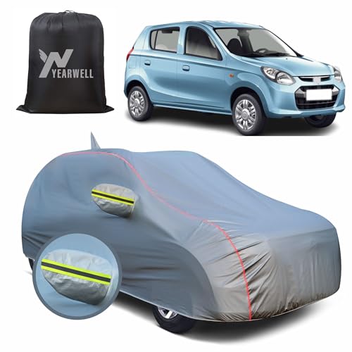 Image of Car Body Cover for Maruti Alto 800, 100% Waterproof, Heat-Resistant with Mirror & Antenna Pockets, Soft Cotton Lining, Triple Stitched, Green Reflector (Metallic Grey)