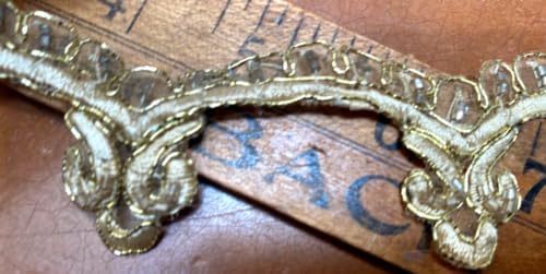 Embroidered Scallop Soutache Hand Sewn Trim 1.5" Glass Beads Champagne Gold 1yd Fabric