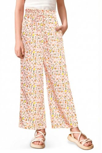 Image of Girls Summer Floral Wide Leg Pants High Waisted Flowy Dress Trousers with Pockets for School Lounge Beach 5-14 Years