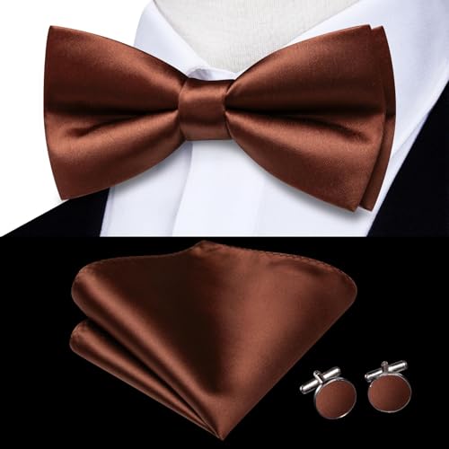 Image of Hi-Tie 5Pcs Mens Solid Color Silk Tie Satin Pretied Bowtie Lapel Pin for Men Handkerchief Cufflink Wedding Gift Box