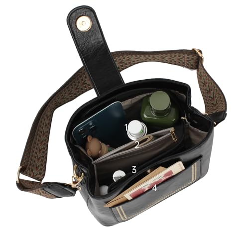 ZLM BAG US Women Vintage Crossbody Shoulder Bag Pu Leather Bucket Hobo Bag Multipockets Handbag Purse with Guitar Strap4