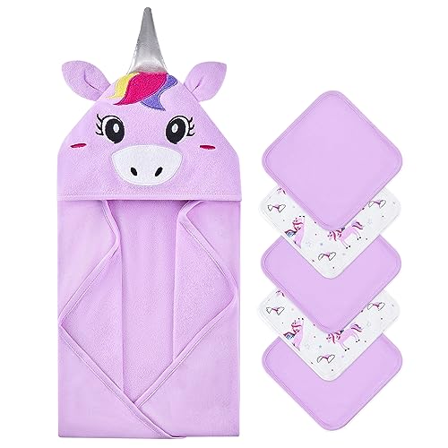 Image of SYNPOS Baby Bath Towels Hooded, Hooded Baby Towel with 5 Washcloths, Ultra Absorbent, Perfect Newborn Essential Cute Unicorn Design - 30 x 30 Inch, Unicorn(regular)