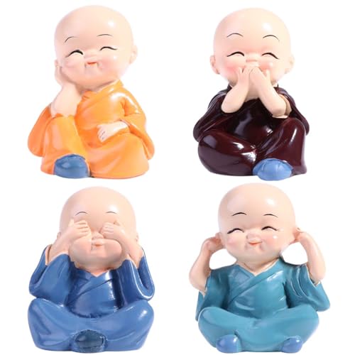4 Monks Statue Decoration Monk Statue Mini Resin Buddha Figurine Car Dashboard Ornament Feng Shui Decor for Home Desktop Office Car Decor Kung Fu Monk Statue (Undisturbed)