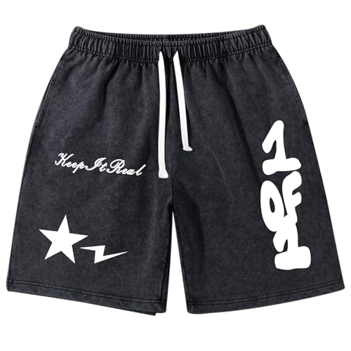 Weripoah Graphic Shorts Men Streetwear Y2k Short Mens Stars Lettering Print Shorts Vintage Drawstring Acid Washed Short(Black L)