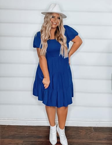 Image of ZESICA Women's Boho 2026 Summer Square Neck Puff Sleeve Off Shoulder Smocked Tiered Casual A Line Short Mini Dress