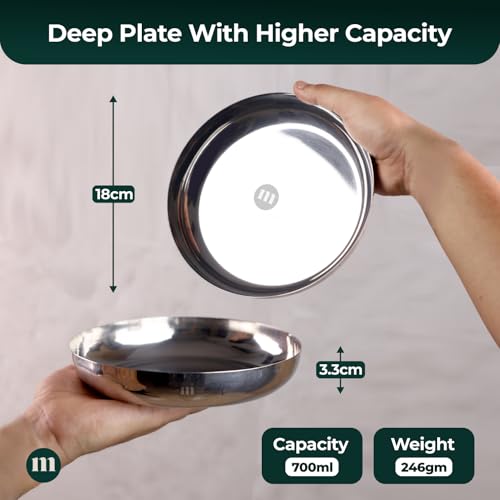 Image of MARU Steel Small Round Snacks /Serving Plates Set of 4 (18 cm Each), Multi-Utility Quarter /Diet Plates for Small Meals with Mirror Finish Design, Perfect for Breakfast, Nashta, Dessert & Daily Use