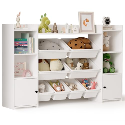 Blishom Estantería Infantil Montessori, Mueble para Guardar Juguetes, con 8 Compartimentos Extraíbles, Organizador de Juguetes, para Sala de Juegos, Guardería, Dormitorio, 140 x 30 x 90 cm, Blanco