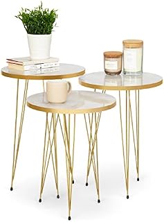 Bravich Set of 3 Side Coffee Tables, Nesting Tables, Round End Tables, Metal Gold Colour Legs, White Marble Effect Top for Living Room, Dining Room, Bedroom, Modern Style