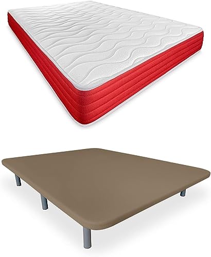 DUÉRMETE ONLINE Base Tapizada 3D Reforzada Anti Ruido con 5 Barras de Refuerzo + Colchón Viscoelástico Lite Reversible + 6 Patas metálicas roscadas de 25cm | 150x190, Beige