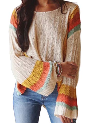 AlvaQ Women Off Shoulder Sweater Colorblock Striped Long Sleeve Loose Oversized Pullover Knit Tops Plus Size Apricot 1X