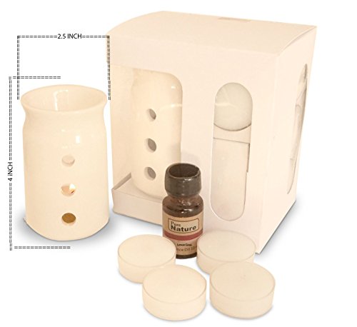 Image of Pure Source India Aroma Set with 10 ML Aroma Oil and 4 Tea Light Candles, Lemon Grass fragnance, Off White