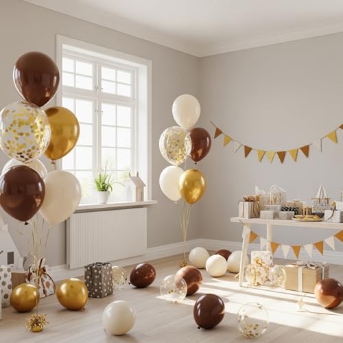 Image of Brown and Gold Balloons, 12 Inch Light Sand White Confetti Balloons for Neutral Bridal Shower, Birthday, Baby Shower Party Decorations