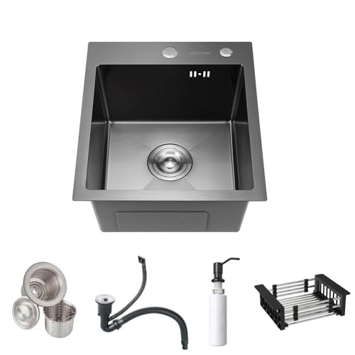 Fregadero de Cocina Empotrado, Acero Inoxidable Cepillado, Una Cubeta con Desagüe, Kit de Instalación Completo, Incluye Escurridor y Accesorios 40X45X22cm Negro