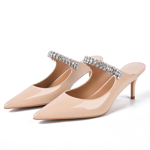 Image of XINIUNIU Heeled Mules for Women Rhinestone Heels Pointed Toe Slip On 2.5 Inch Kitten Stiletto Closed Toe Sandals Dress Wedding Pump Shoes