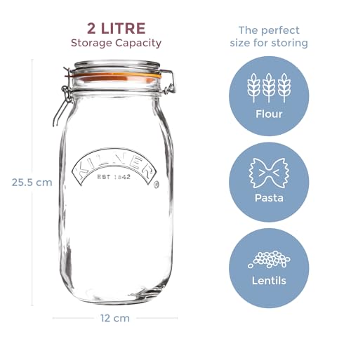 Kilner Premium 2 L Round Clip‑Top Airtight Internaational Glass Jar – Borosilicate Storage Container with Wire‑Lock Lid – Premium Glass Jar for Pantry, Fridge & Food Storage