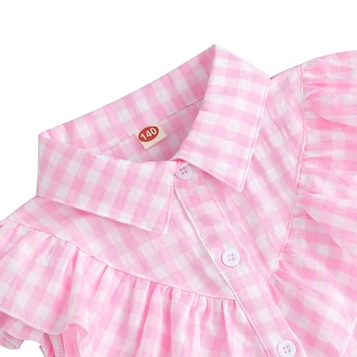 Image of Girls Sleeveless Plaid Button Down Shirt Summer Crop Tops Tie Knot Ruffle Sleeve Shirt Blouse 3-12Y