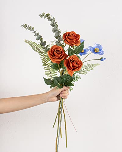 DuHouse 10Pcs Artificial Roses Fake Silk Flowers Realistic Bridal Bouquets with Single Long Plastic Stems for Arrangement Wedding Table Centerpiece Party Home Decor(Burnt Orange) - Image 3