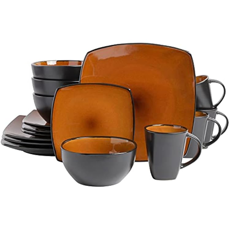 Gibson Elite Soho Lounge Square Reactive Glaze Stoneware Dinnerware Set, Service for 4 (16pc), Amber
