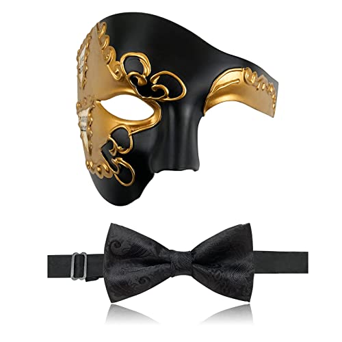 IncreDecor Masquerade Mask for Men Phantom of The Opera Half Face Mask with Bowtie, Venetian Masks for Halloween Party (Black+Gold)