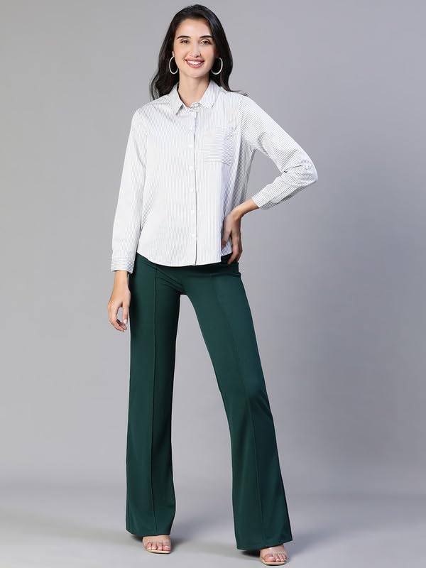 Image of Oxolloxo Women Stripe Print Soild Grey Collared Cotton Shirt