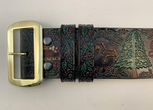Hand Painted and Tooled Santa Claus Belt & Buckle, Merry Christmas to All, Solid Leather, 3" Wide4