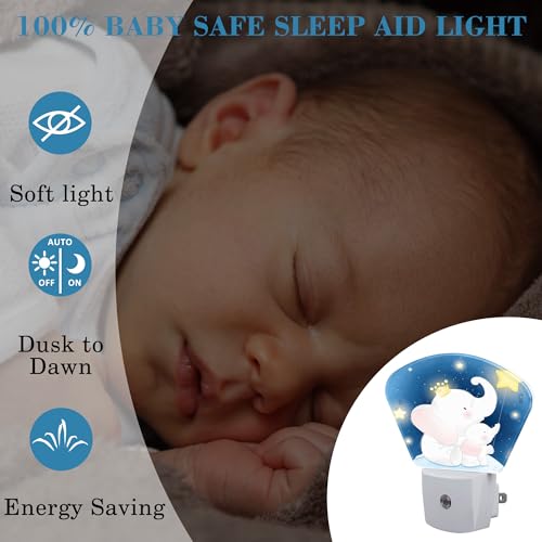 Image of Cute Elephant Mother and Child Night Light for Kids, Elephant Sitting in Moon LED Night Light Plug into Wall with Dusk to Dawn Sensor for Girls Boys Bedroom, Kitchen, Bathroom, Stairs Decor
