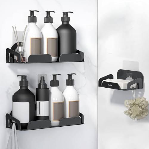 Image of Plantex Bathroom Organiser Without Drill /Stainless Steel Self Adhesive Shelf for Bathroom /Soap Dish with Hooks(10x4 Inch,Black, Combo)