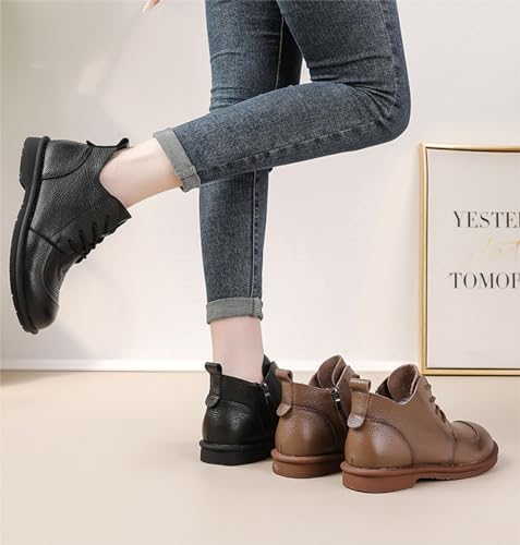Myallfeet Women's Leather Lace Up Flat Bottomed Side Zippered Ankle Boots Retro British Style Round Toe Soft Sole Casual Anti Slip Leather Boots4