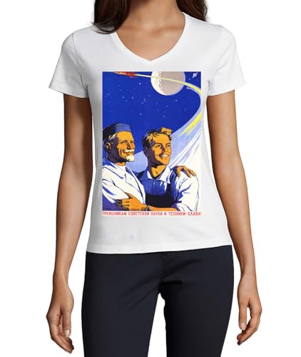 T-shirt URSS col en V femme blanc Glory to Science idéal pour le quotidien ou un style geek