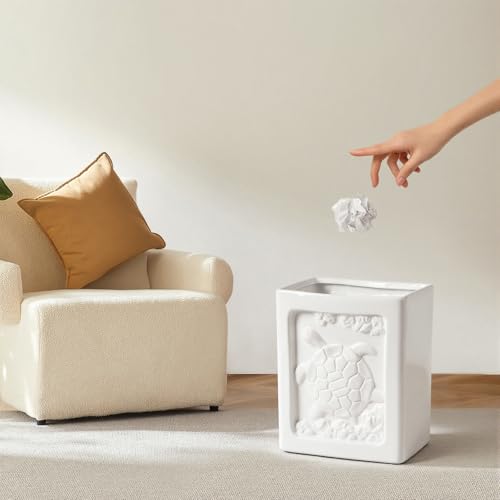 Image of White Trash Can - Ceramic 7L /1.85Gallon DIY Paintable Square Garbage Can with Turtle Relief, Multi-Use Small Waste Basket for Kitchen /Bathroom /Office