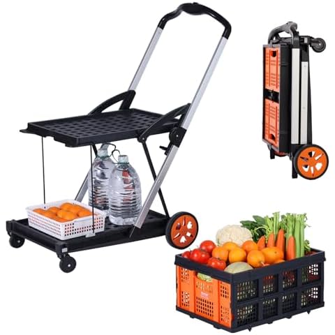 VEVOR Multi Use Functional Collapsible Cart, 198 lbs Capacity 2-Tier Folding Shopping Cart with Wheels, Collapsible Utility Cart with Storage Crate, 2 in 1 Hand Truck for Grocery/Luggage/Moving/Office