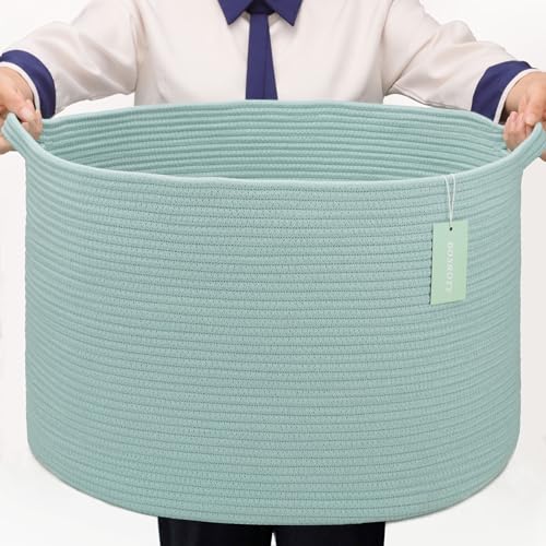 Image of Large Cotton Rope Blanket Basket, 87L Laundry Hamper, Light Green